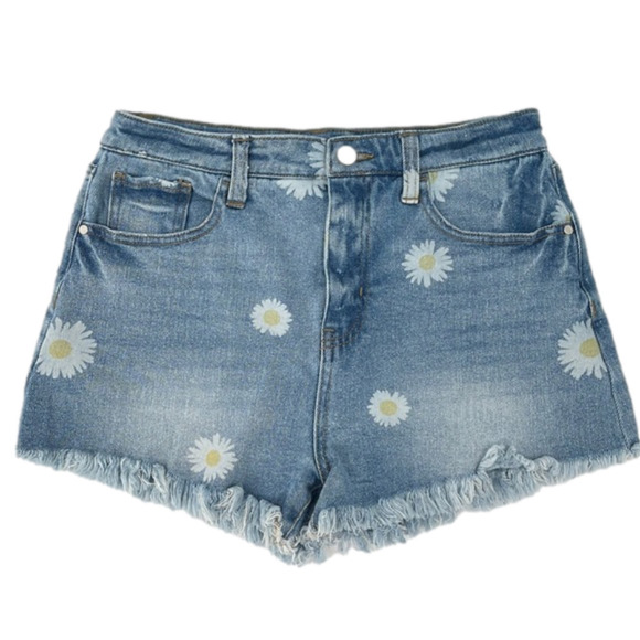 DAISY Light Wash Raw Hem High Rise Denim Jean Shorts 9 - Picture 1 of 5
